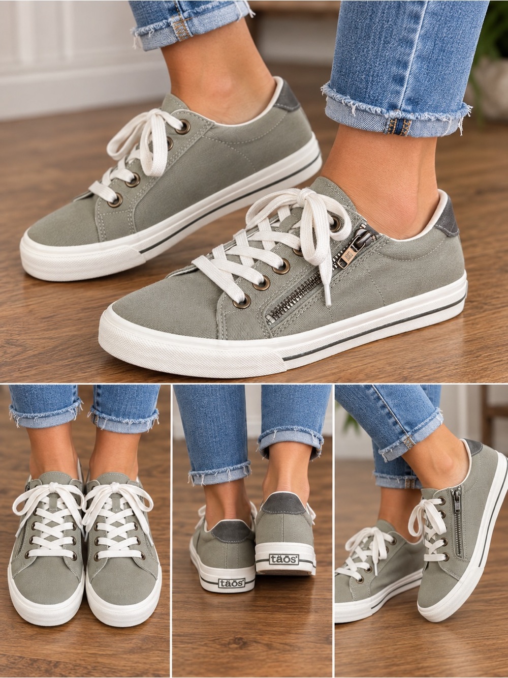Taos Footwear Olive and Gray Low-Top Lace-Up Sneakers with Side Zip| size 8